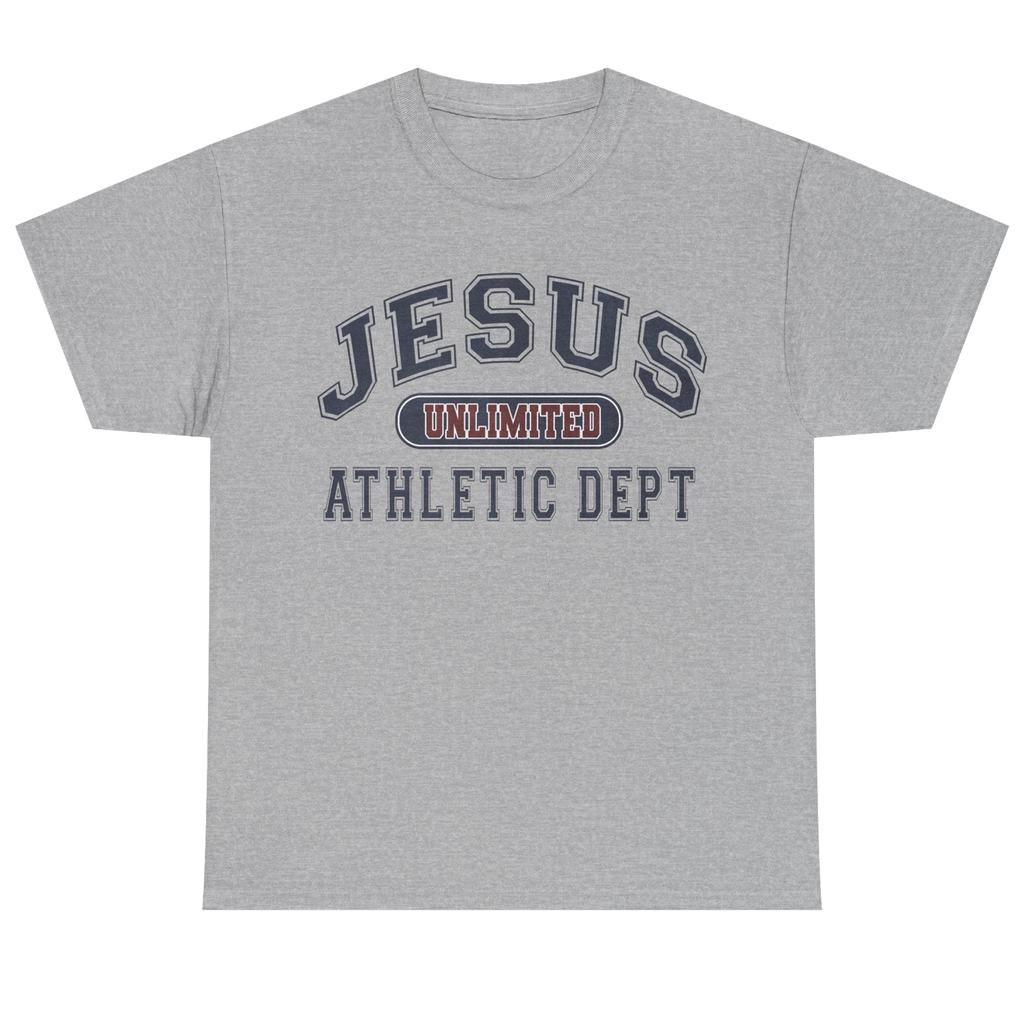 A heather gray short-sleeve t-shirt with a collegiate-style graphic on the chest reading 'JESUS UNLIMITED ATHLETIC DEPT' in navy and red.