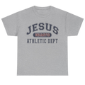 A heather gray short-sleeve t-shirt with a collegiate-style graphic on the chest reading 'JESUS UNLIMITED ATHLETIC DEPT' in navy and red.
