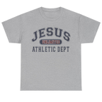 A heather gray short-sleeve t-shirt with a collegiate-style graphic on the chest reading 'JESUS UNLIMITED ATHLETIC DEPT' in navy and red.