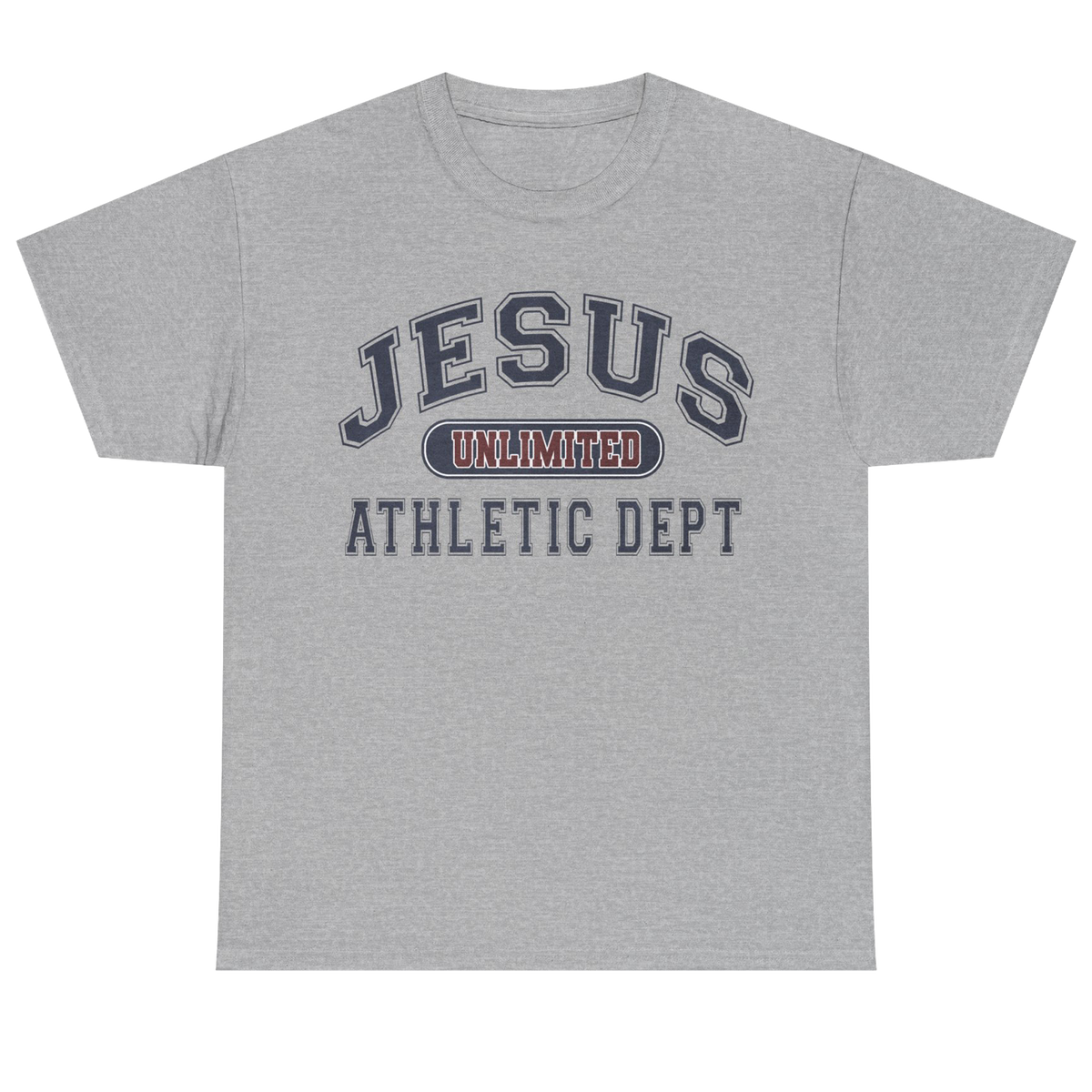 A heather gray short-sleeve t-shirt with a collegiate-style graphic on the chest reading 'JESUS UNLIMITED ATHLETIC DEPT' in navy and red.