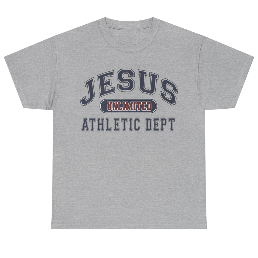 A heather gray short-sleeve t-shirt with a collegiate-style graphic on the chest reading 'JESUS UNLIMITED ATHLETIC DEPT' in navy and red.