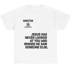 A white short-sleeve crewneck t-shirt with bold black text printed on the front. The top text reads 'SWEETER' with a small graphic and 'SAN ANGLO CALIFORNIA, 92014' below it.