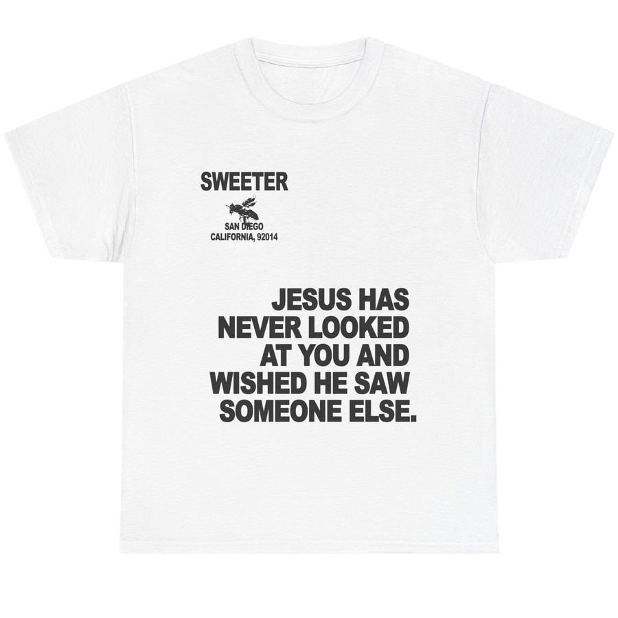 A white short-sleeve crewneck t-shirt with bold black text printed on the front. The top text reads 'SWEETER' with a small graphic and 'SAN ANGLO CALIFORNIA, 92014' below it.