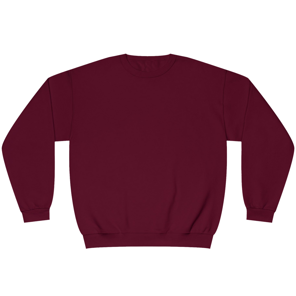 A plain crewneck sweatshirt in a deep burgundy color, laid flat against a solid white background.