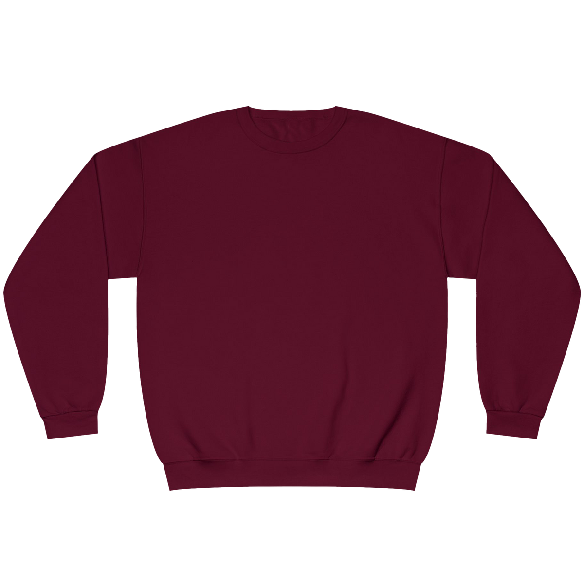 A plain crewneck sweatshirt in a deep burgundy color, laid flat against a solid white background.