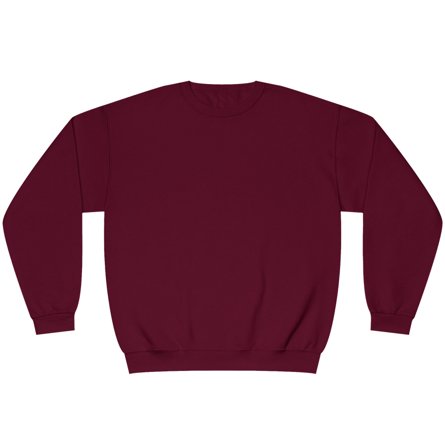 A plain crewneck sweatshirt in a deep burgundy color, laid flat against a solid white background.