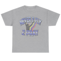 A heather gray short-sleeve t-shirt with a graphic on the front that reads 'NEVER 2 FLY 2 PRAY' in blue-gray lettering with a rainbow stripe and a praying hand silhouette.