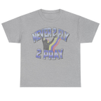 A heather gray short-sleeve t-shirt with a graphic on the front that reads 'NEVER 2 FLY 2 PRAY' in blue-gray lettering with a rainbow stripe and a praying hand silhouette.