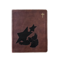 A brown faux-leather Bible cover featuring a black embossed design of a dove and two stars, with a small gold cross in the upper right corner, shown against a plain white background.
