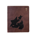 A brown faux-leather Bible cover featuring a black embossed design of a dove and two stars, with a small gold cross in the upper right corner, shown against a plain white background.