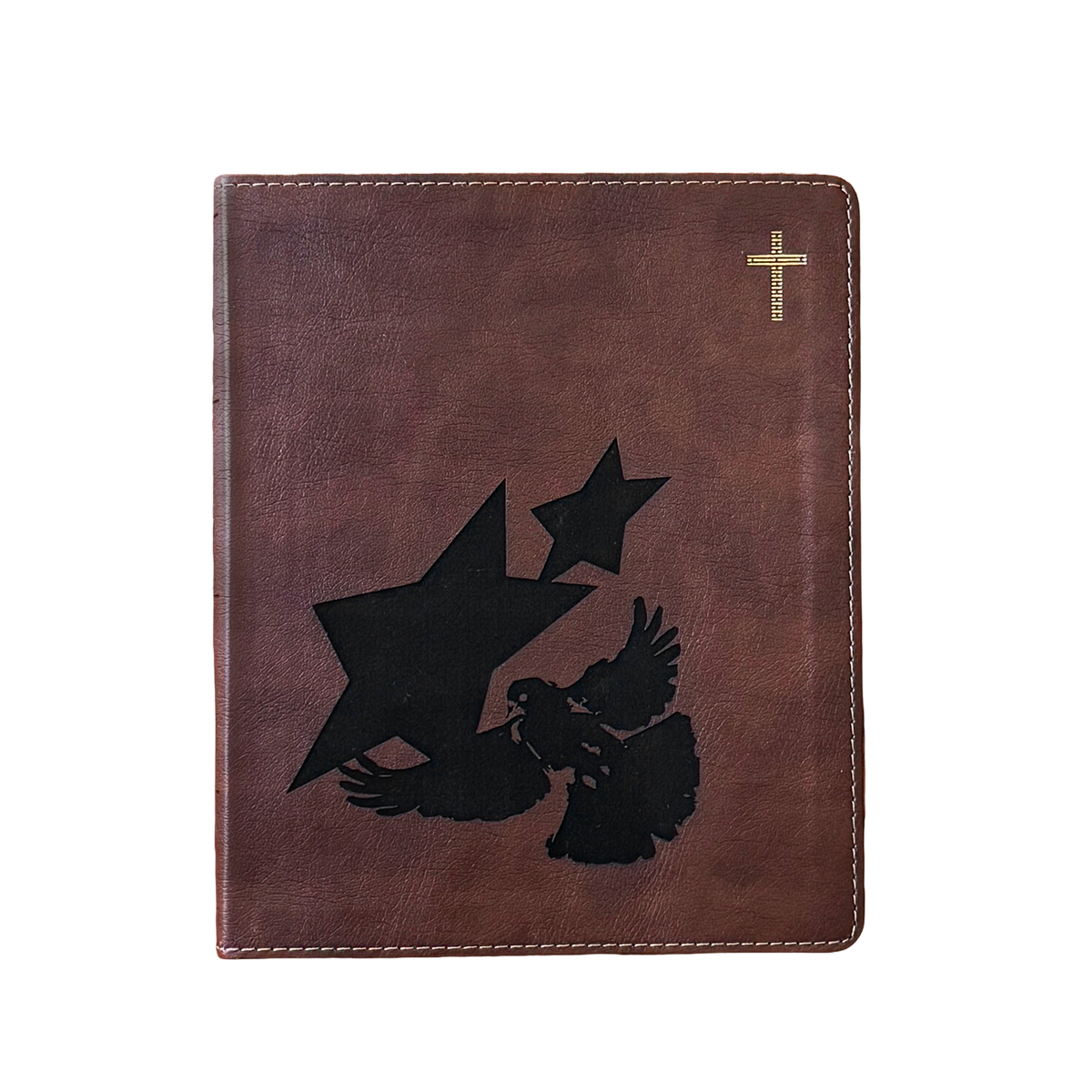 A brown faux-leather Bible cover featuring a black embossed design of a dove and two stars, with a small gold cross in the upper right corner, shown against a plain white background.