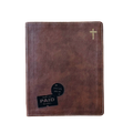 A brown faux-leather Bible cover with white contrast stitching, a small gold cross on the top right, and two black promotional stickers on the bottom left, shown against a plain white background.