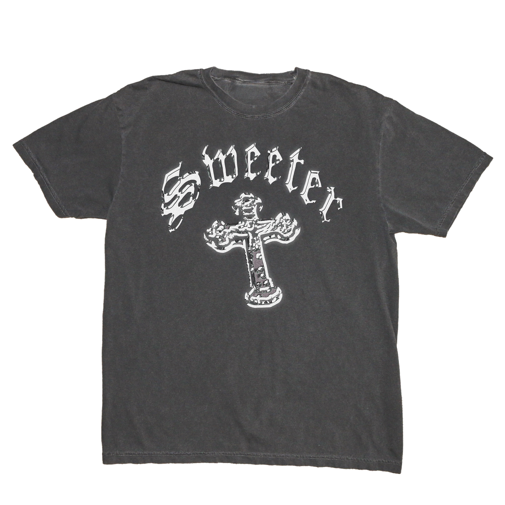 A dark charcoal gray short-sleeve t-shirt with a distressed white graphic on the front featuring the word 'Sweeter' in a gothic font above a cross with a rose design.