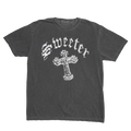 A dark charcoal gray short-sleeve t-shirt with a distressed white graphic on the front featuring the word 'Sweeter' in a gothic font above a cross with a rose design.