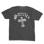 A dark charcoal gray short-sleeve t-shirt with a distressed white graphic on the front featuring the word 'Sweeter' in a gothic font above a cross with a rose design.