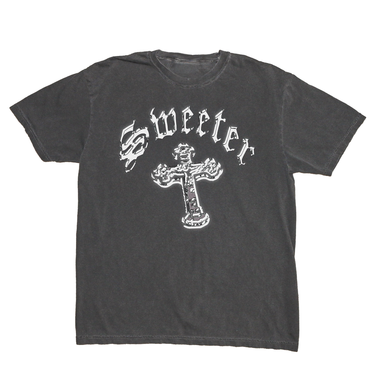 A dark charcoal gray short-sleeve t-shirt with a distressed white graphic on the front featuring the word 'Sweeter' in a gothic font above a cross with a rose design.