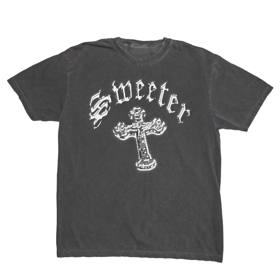 A dark charcoal gray short-sleeve t-shirt with a distressed white graphic on the front featuring the word 'Sweeter' in a gothic font above a cross with a rose design.