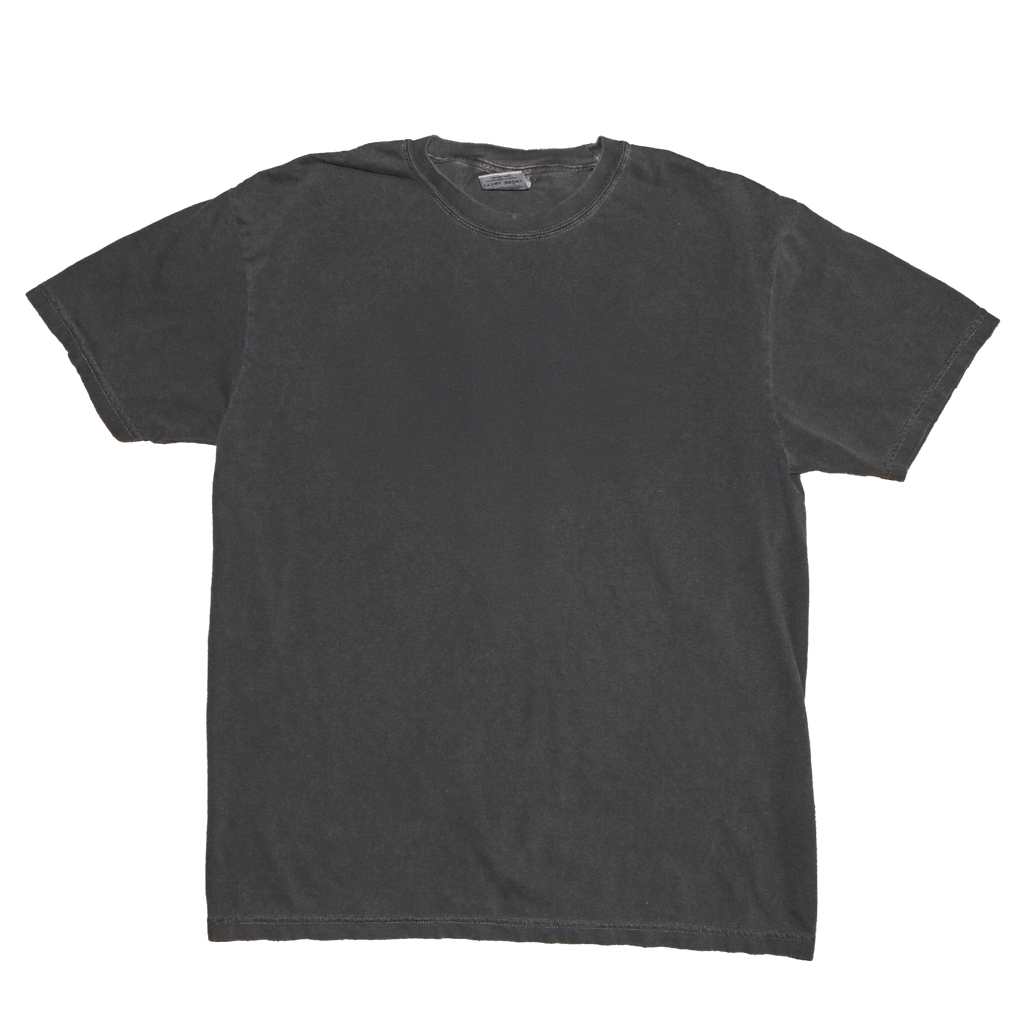 A dark charcoal gray short-sleeve crewneck t-shirt laid flat against a solid white background.
