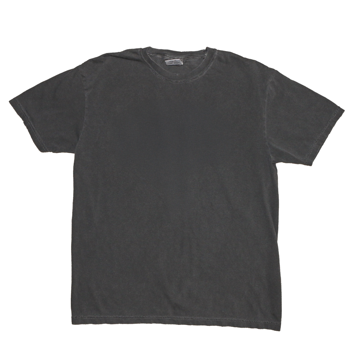A dark charcoal gray short-sleeve crewneck t-shirt laid flat against a solid white background.