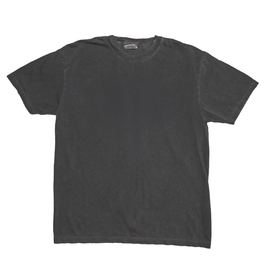 A dark charcoal gray short-sleeve crewneck t-shirt laid flat against a solid white background.
