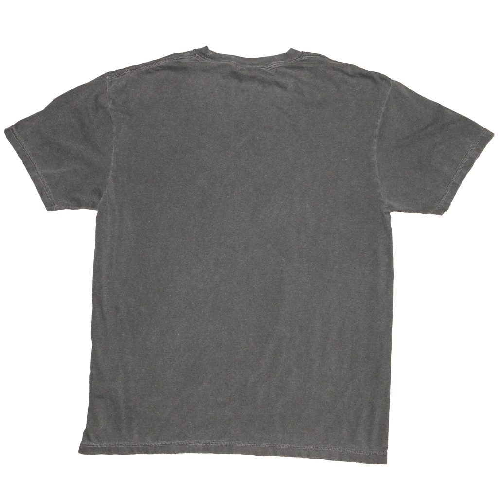 A dark gray short-sleeve t-shirt with a washed, vintage texture, shown from the back against a plain white background.