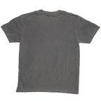A dark gray short-sleeve t-shirt with a washed, vintage texture, shown from the back against a plain white background.