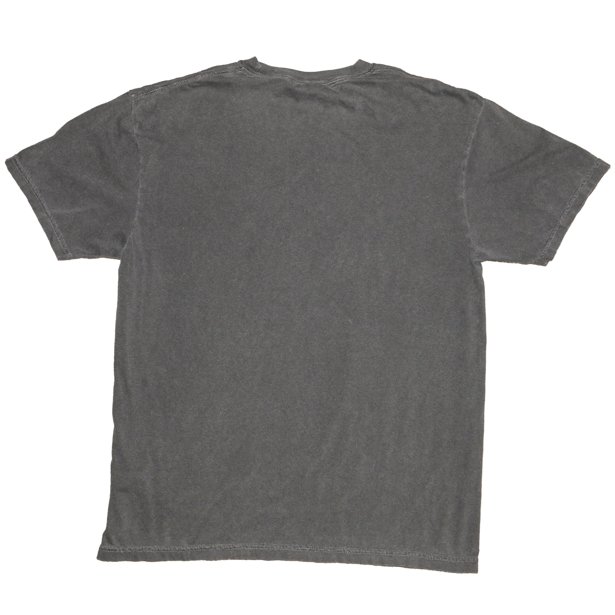 A dark gray short-sleeve t-shirt with a washed, vintage texture, shown from the back against a plain white background.