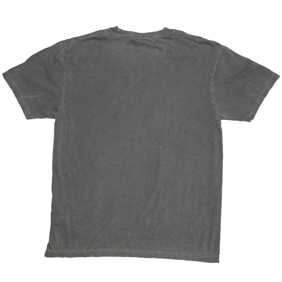 A dark gray short-sleeve t-shirt with a washed, vintage texture, shown from the back against a plain white background.