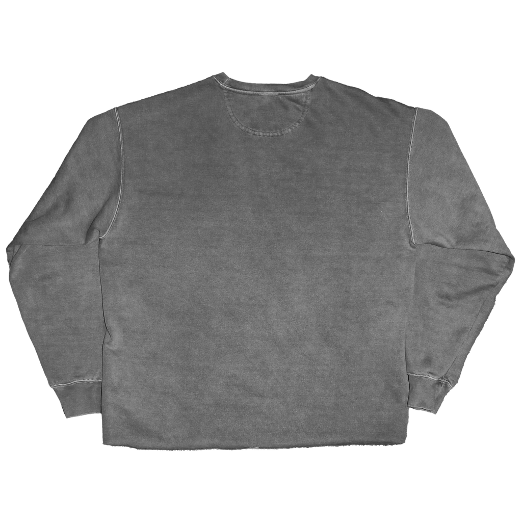 A long-sleeve crewneck sweatshirt shown from the back, featuring a washed charcoal gray color and ribbed cuffs and hem, laid flat against a white background.