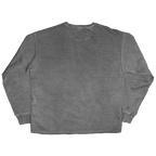 A long-sleeve crewneck sweatshirt shown from the back, featuring a washed charcoal gray color and ribbed cuffs and hem, laid flat against a white background.