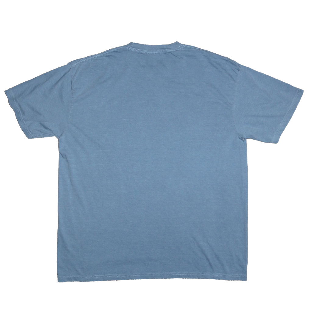 A light blue short-sleeve crewneck t-shirt shown from the back, laid flat against a solid white background.