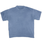 A faded blue short-sleeve crewneck t-shirt laid flat against a white background.