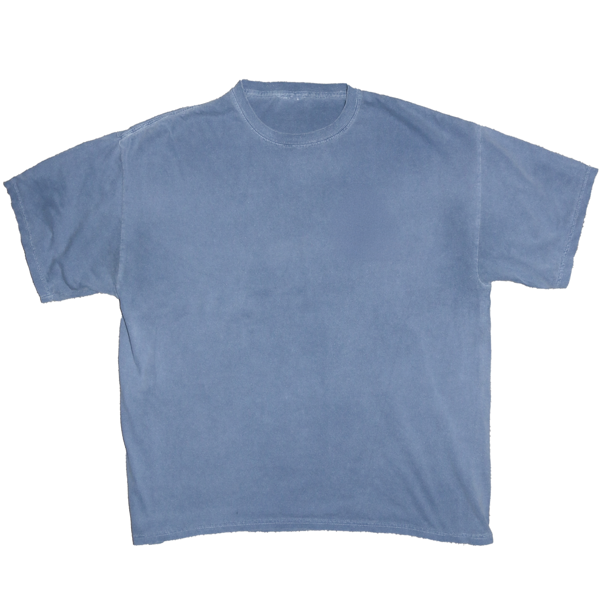 A faded blue short-sleeve crewneck t-shirt laid flat against a white background.