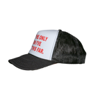 A black and white trucker hat with red text on the front panel, shown against a plain white background.