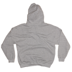 A heather gray pullover hoodie shown from the back, laid flat against a solid white background.