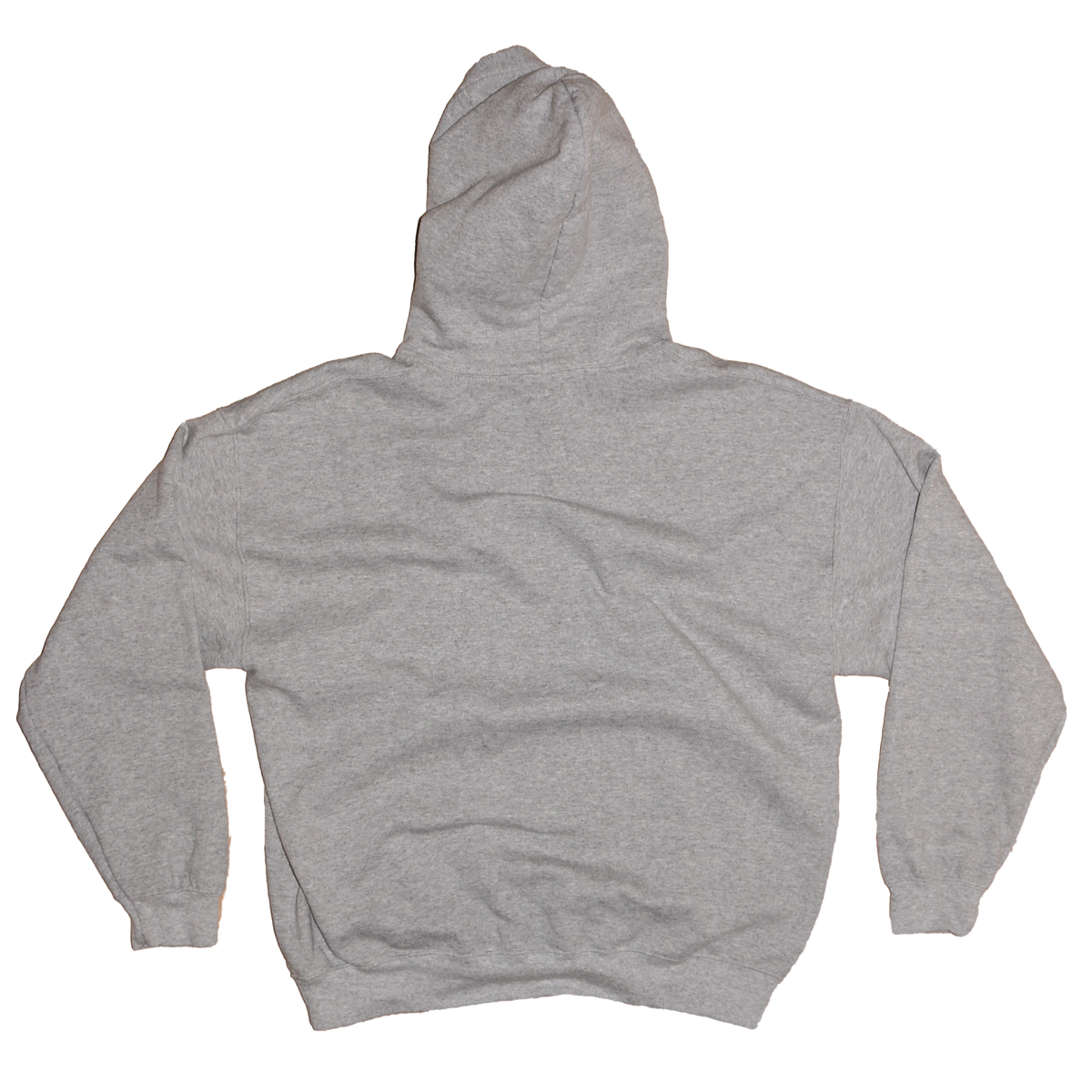 A heather gray pullover hoodie shown from the back, laid flat against a solid white background.