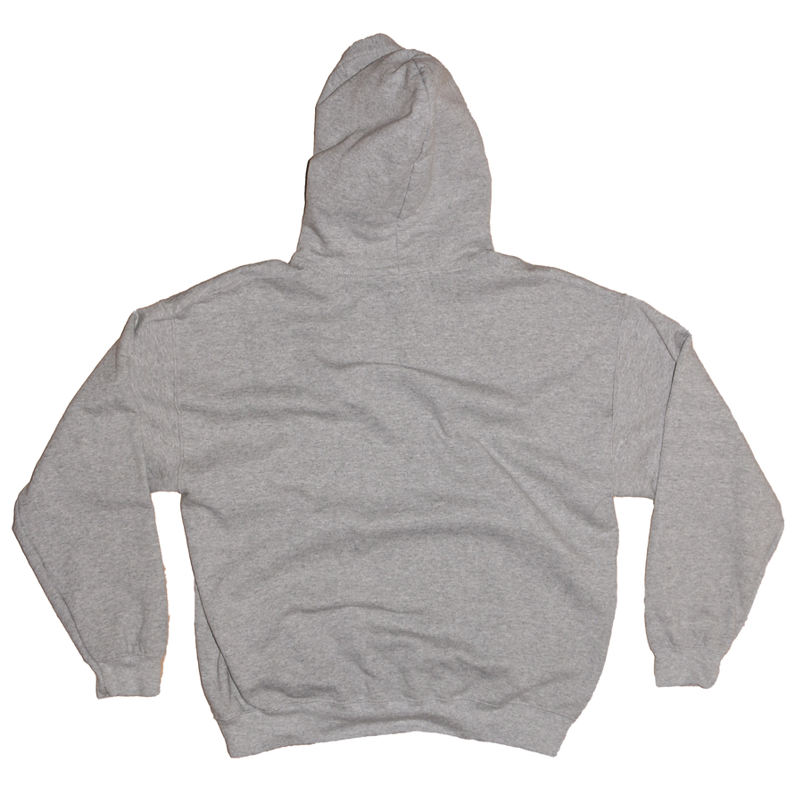 A heather gray pullover hoodie shown from the back, laid flat against a solid white background.
