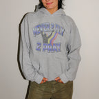 A person wearing a heather gray pullover hoodie with a graphic that reads 'NEVER 2 FLY 2 PRAY' in blue-purple lettering with a rainbow and silhouette design, paired with olive green pants against a plain light background.