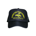 A black trucker-style cap with yellow embroidered text reading 'SWEETER THAN HONEY' and 'SWEETER BRAND CO' around a bee graphic on the front, shown on a plain white background.