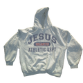 A light gray heathered hoodie with a front kangaroo pocket and a graphic print reading 'JESUS UNLIMITED ATHLETIC DEPT' in navy blue and red, shown against a plain white background.