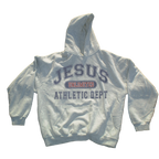 A light gray heathered hoodie with a front kangaroo pocket and a graphic print reading 'JESUS UNLIMITED ATHLETIC DEPT' in navy blue and red, shown against a plain white background.