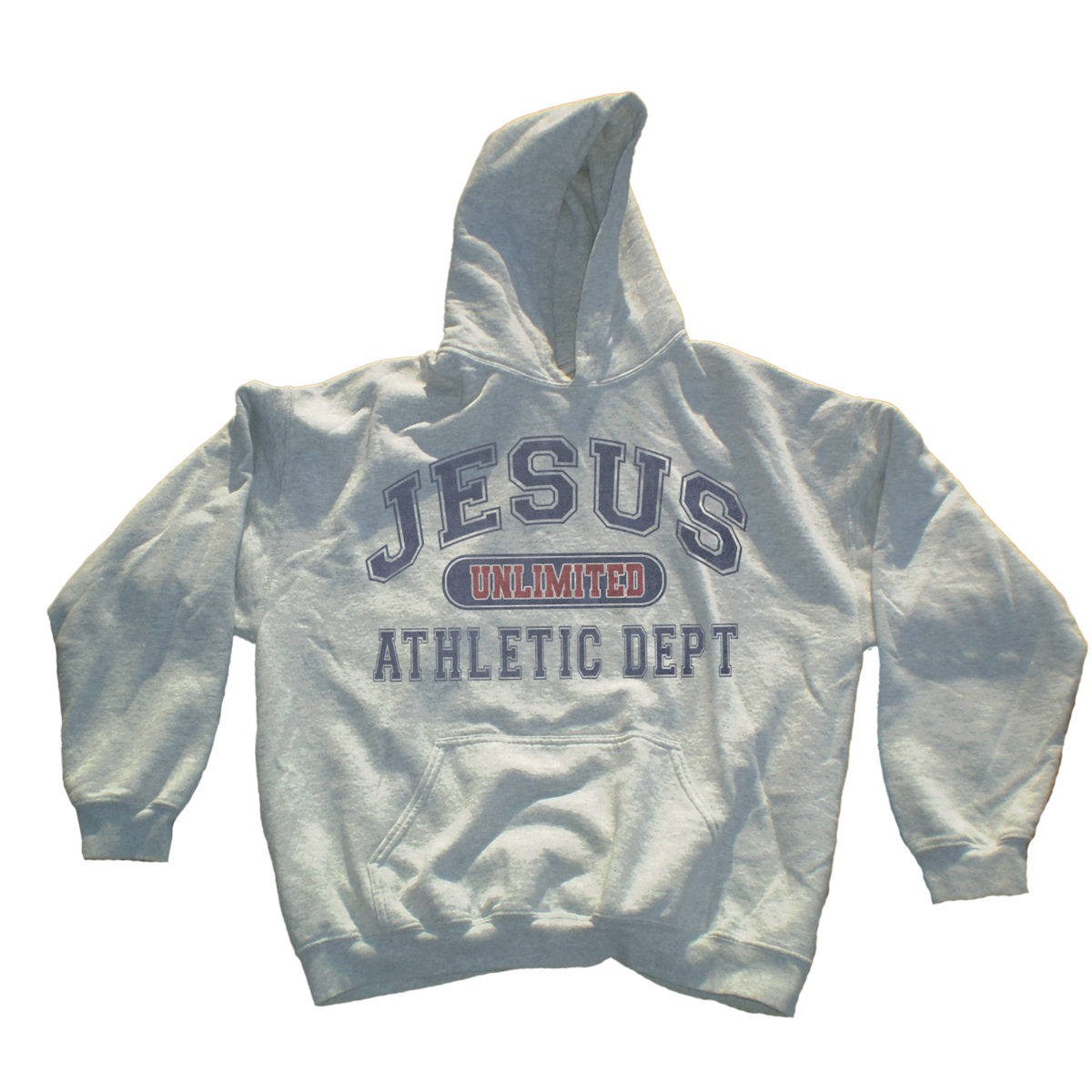 A light gray heathered hoodie with a front kangaroo pocket and a graphic print reading 'JESUS UNLIMITED ATHLETIC DEPT' in navy blue and red, shown against a plain white background.