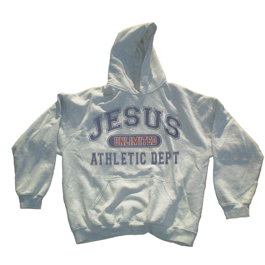 A light gray heathered hoodie with a front kangaroo pocket and a graphic print reading 'JESUS UNLIMITED ATHLETIC DEPT' in navy blue and red, shown against a plain white background.