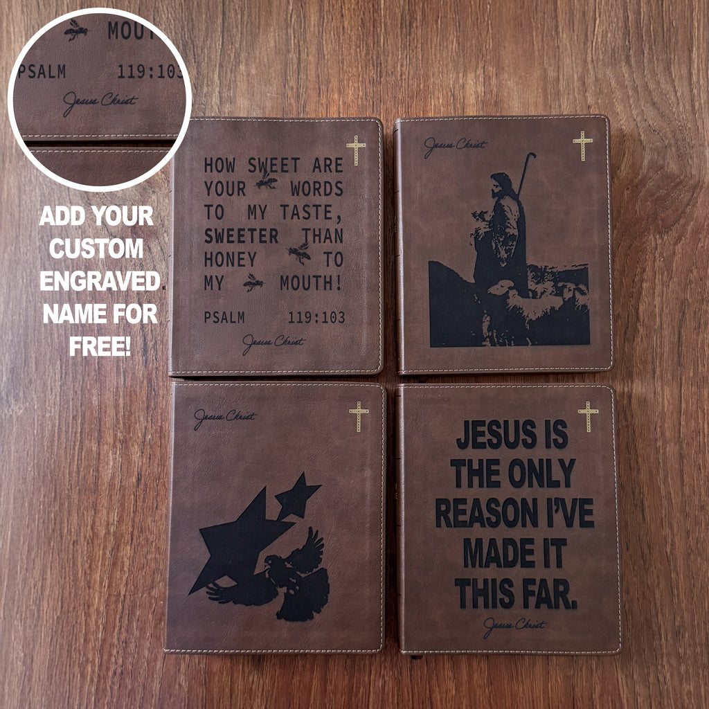 Four brown leather Bible cover mockups arranged on a wood surface, each with a different engraved dark design and quote. A circular inset at the top left shows a close-up of the engraving texture with text reading 'ADD YOUR CUSTOM ENGRAVED NAME FOR FREE!'.