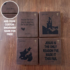 Four brown leather Bible cover sets arranged on a wooden surface, each with a different black engraved design and quote. A circular inset at the top left shows a close-up of a custom engraved name on one of the covers.