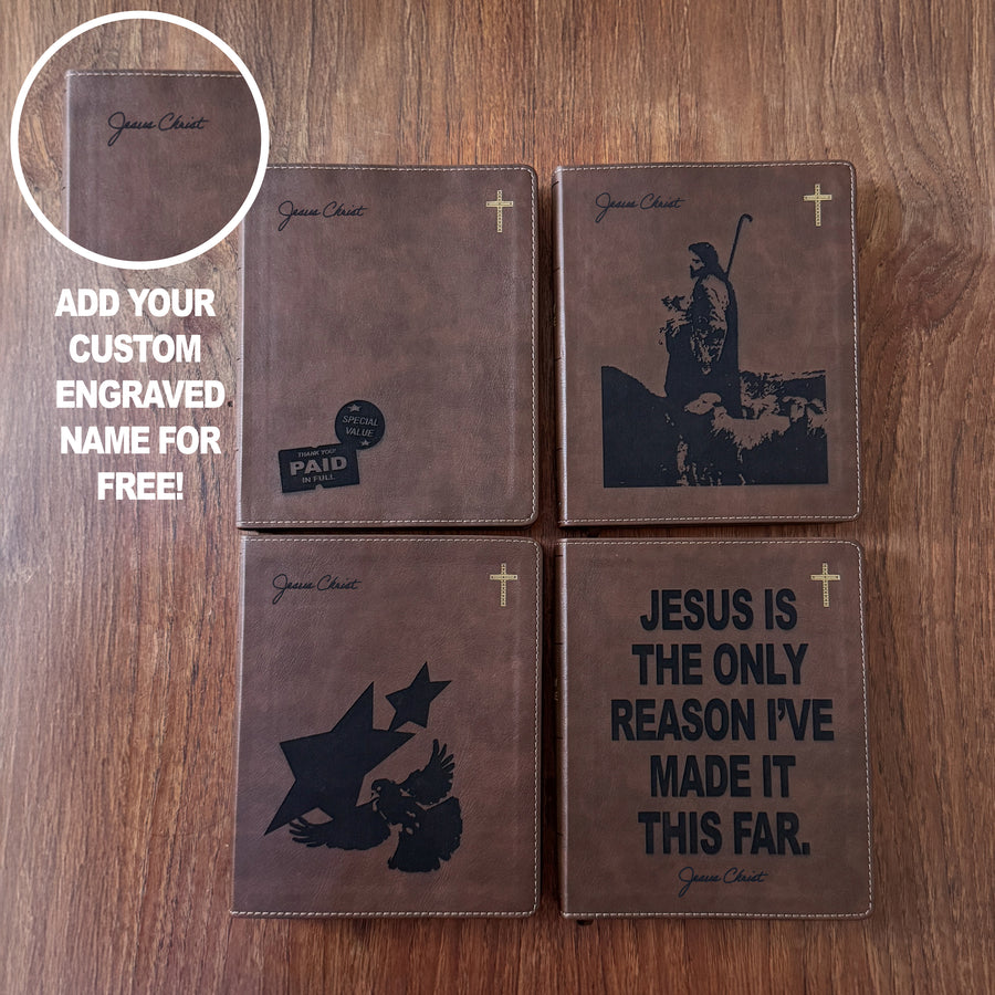 Four brown leather Bible cover sets arranged in a 2x2 grid on a wooden surface, each with custom black engraved artwork and text including crosses, a saint illustration, a dove-and-star design, and the quote 'Jesus is the only reason I've made it this far.' A circular inset shows a custom engraved name on the top cover, with text reading 'ADD YOUR CUSTOM ENGRAVED NAME FOR FREE!' No visible brand is present.