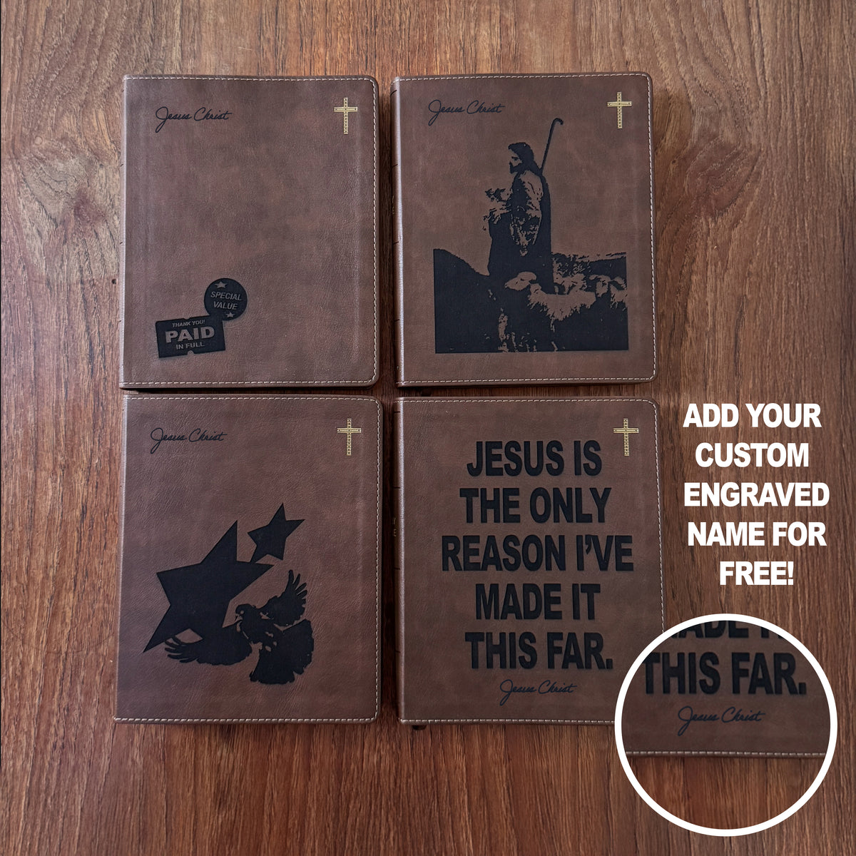 Four brown faux-leather Bible cover bookmarks arranged in a 2x2 grid on a wooden surface. Each cover features a black engraved design, including a cross, a saint, a dove and star, and a motivational scripture quote.