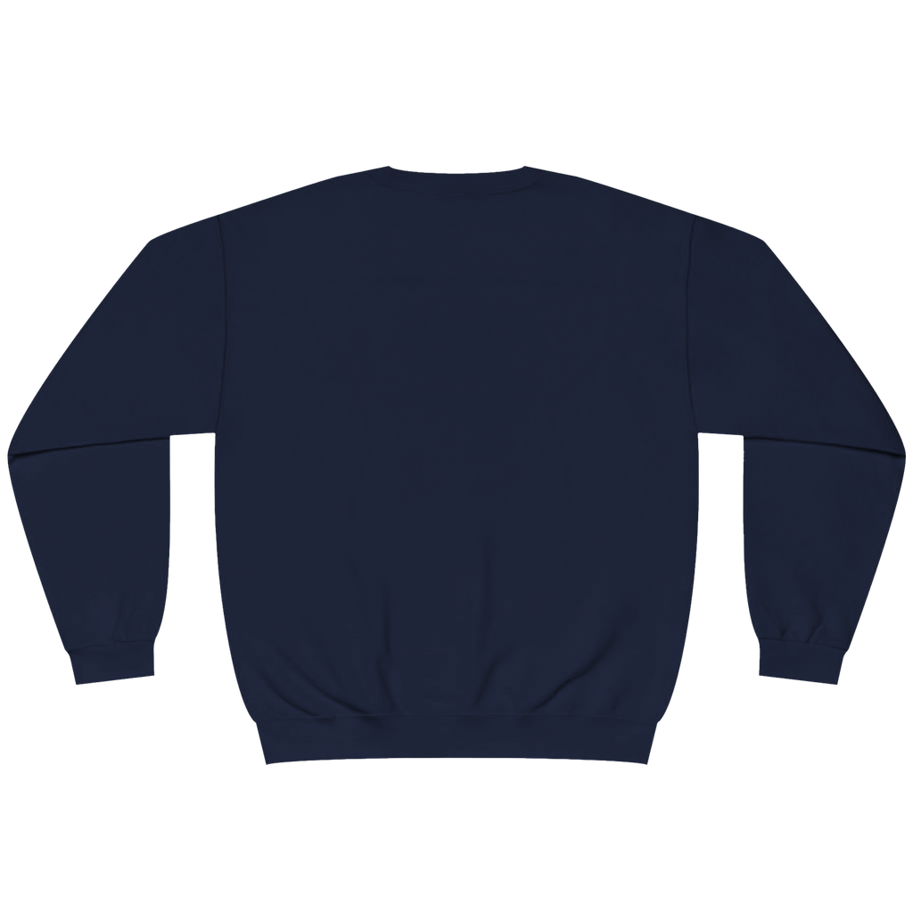 A navy blue crewneck sweatshirt shown from the back, laid flat against a solid white background.