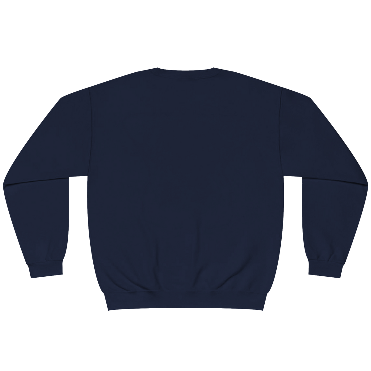 A navy blue crewneck sweatshirt shown from the back, laid flat against a solid white background.