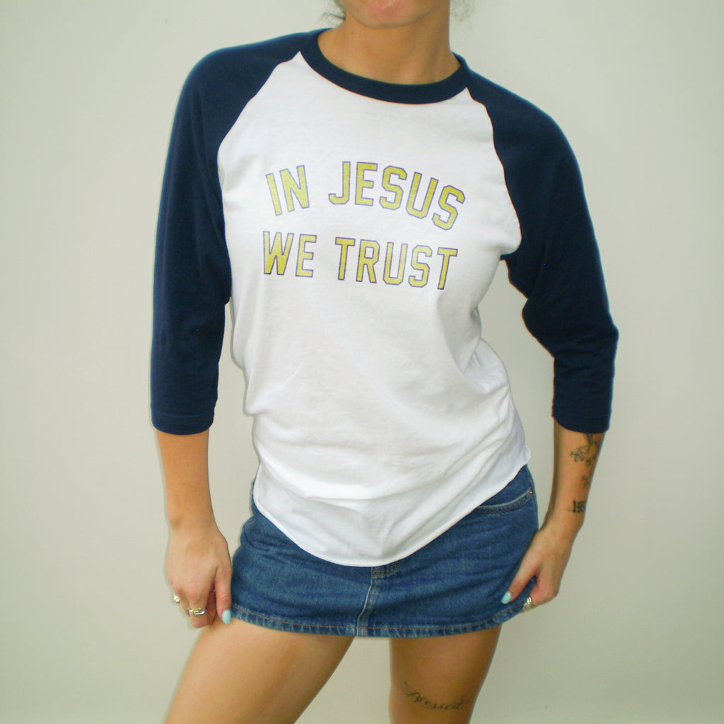 "IN JESUS WE TRUST" NAVY UNISEX 3/4 RAGLAN SHIRT